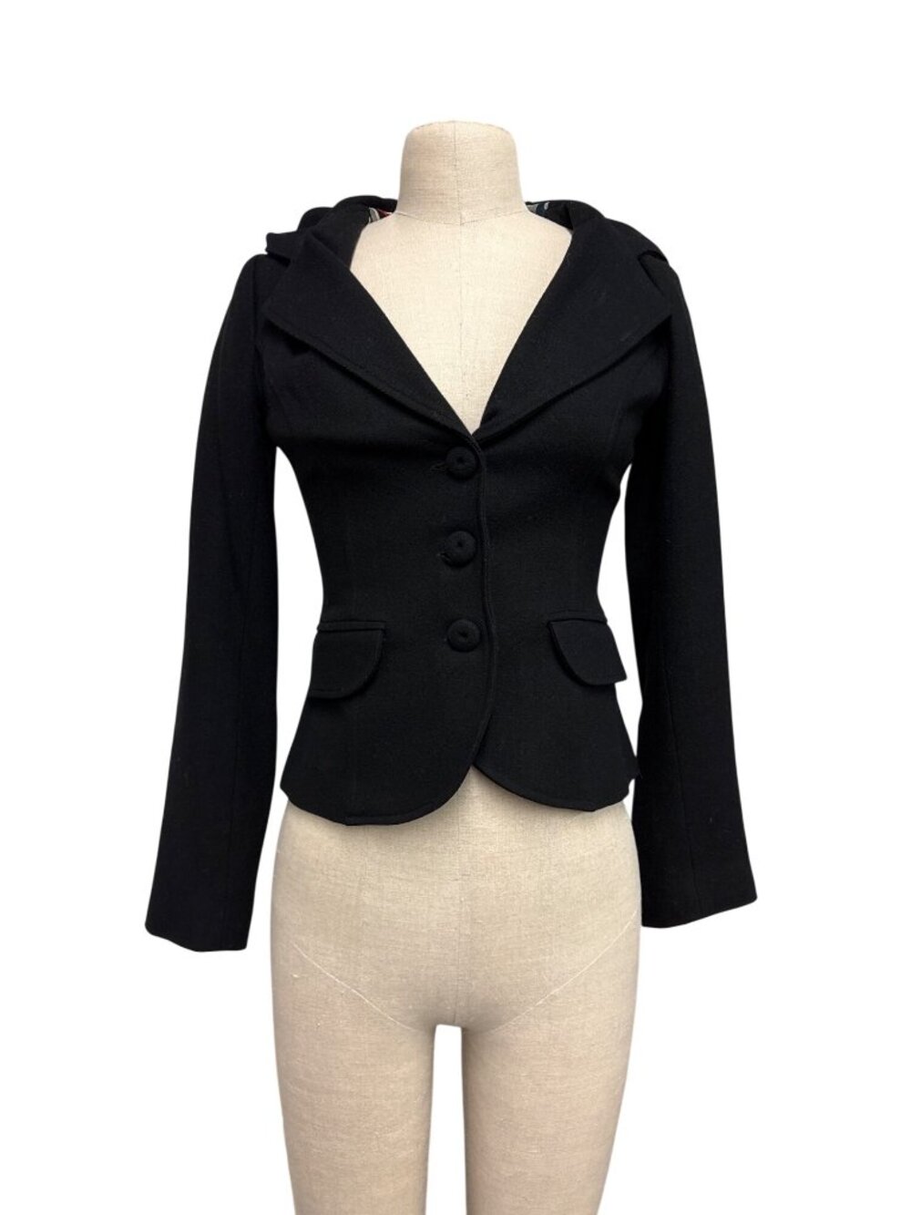 Vintage Forever 21 Black Hooded Wool Blazer Jacket Y2K Early 2000s Defunct Brand